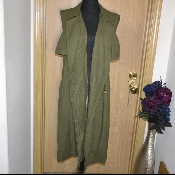Bali Elf Made By Hand Olive Green 100% Linen Arden Vest Trench - Picture 9 of 10
